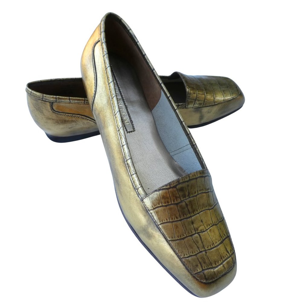 Enzo Angiolini Flats Metallic Gold Leather Slip On Shoes Ballet Croc Top 7.5